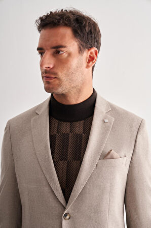 Bej Mono Yaka Desenli Örme Astarlı Çift Yırtmaç Esnek 4 Drop Comfort Fit Classic Ceket 1002255112