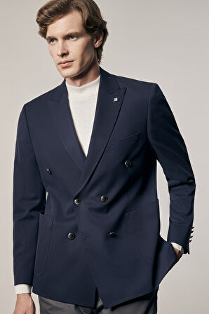 Koyu Lacivert Kılıç Yaka Pamuklu 6 Drop Slim Fit Classic Kruvaze Ceket 1002255113