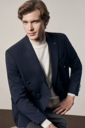 Koyu Lacivert Kılıç Yaka Pamuklu 6 Drop Slim Fit Classic Kruvaze Ceket 1002255113