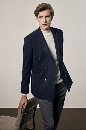 Koyu Lacivert Kılıç Yaka Pamuklu 6 Drop Slim Fit Classic Kruvaze Ceket 1002255113