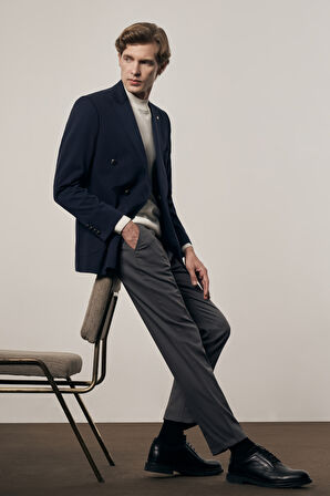 Koyu Lacivert Kılıç Yaka Pamuklu 6 Drop Slim Fit Classic Kruvaze Ceket 1002255113