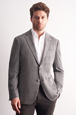 Siyah Mono Yaka Ekose Desen Pamuklu 6 Drop Comfort Fit Classic Ceket 1002255152