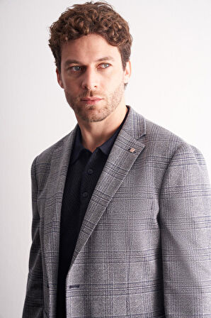 Lacivert Mono Yaka Ekose Desen Pamuklu 6 Drop Comfort Fit Classic Ceket 1002255152