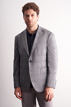 Lacivert Mono Yaka Ekose Desen Pamuklu 6 Drop Comfort Fit Classic Ceket 1002255152