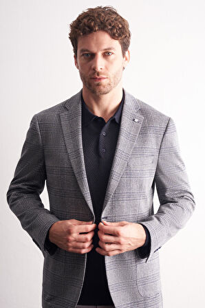 Lacivert Mono Yaka Ekose Desen Pamuklu 6 Drop Comfort Fit Classic Ceket 1002255152