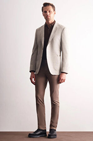 Taş Rengi Mono Yaka Ekose Desen Pamuklu 6 Drop Comfort Fit Classic Ceket 1002255152