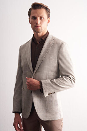 Taş Rengi Mono Yaka Ekose Desen Pamuklu 6 Drop Comfort Fit Classic Ceket 1002255152