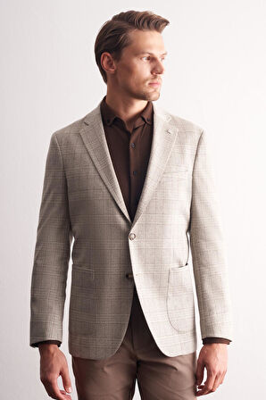 Taş Rengi Mono Yaka Ekose Desen Pamuklu 6 Drop Comfort Fit Classic Ceket 1002255152