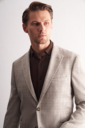 Taş Rengi Mono Yaka Ekose Desen Pamuklu 6 Drop Comfort Fit Classic Ceket 1002255152