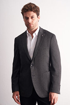 Siyah Mono Yaka Kendinden Desenli Esnek 6 Drop Comfort Fit Classic Ceket 1002255154