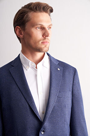 Lacivert Mono Yaka Kendinden Desenli Esnek 6 Drop Comfort Fit Classic Ceket 1002255154