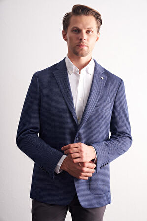 Lacivert Mono Yaka Kendinden Desenli Esnek 6 Drop Comfort Fit Classic Ceket 1002255154