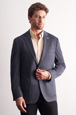 Lacivert Mono Yaka Kendinden Desenli Esnek 6 Drop Comfort Fit Classic Ceket 1002255155