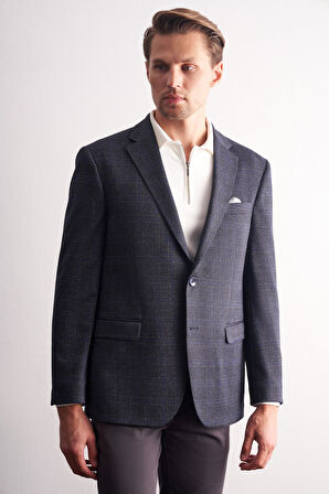 Lacivert Mono Yaka Kareli Desen Esnek 4 Drop Comfort Fit Classic Ceket 1002255156