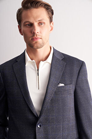 Lacivert Mono Yaka Kareli Desen Esnek 4 Drop Comfort Fit Classic Ceket 1002255156