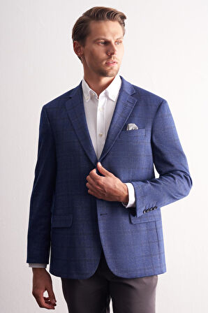 Koyu Lacivert Mono Yaka Kareli Desen Esnek 4 Drop Comfort Fit Classic Ceket 1002255156