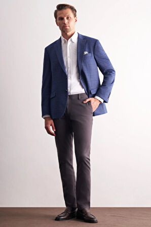 Koyu Lacivert Mono Yaka Kareli Desen Esnek 4 Drop Comfort Fit Classic Ceket 1002255156