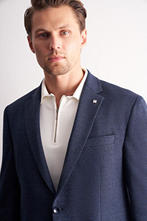 Lacivert Mono Yaka Kendinden Desenli Pamuklu 4 Drop Comfort Fit Classic Ceket 1002255157