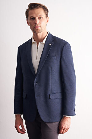 Lacivert Mono Yaka Kendinden Desenli Pamuklu 4 Drop Comfort Fit Classic Ceket 1002255157