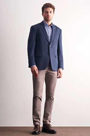 Lacivert Mono Yaka Kendinden Desenli Pamuklu 4 Drop Comfort Fit Classic Ceket 1002255158