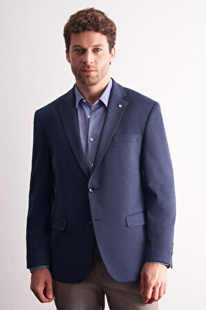 Lacivert Mono Yaka Kendinden Desenli Pamuklu 4 Drop Comfort Fit Classic Ceket 1002255158