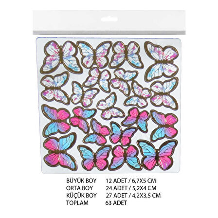 Varaklı Kelebek Dekoratif Süs (63 Adet)  Karışık Renk