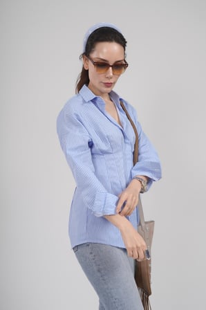 Kadın Mavi Çizgili Bel Oturtmalı Oversize Gömlek Bluz