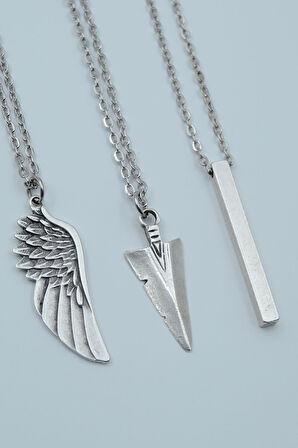 3'lü Çubuk Prizma Ok Ucu Triagle Kanat Gümüş Kaplama Kolye Seti