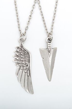 2'li Kartal Melek Kanat - Triagle Ok Ucu Erkek Kadın Kolye Seti 925 Ayar Gümüş Kaplama