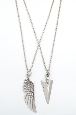 2'li Kartal Melek Kanat - Triagle Ok Ucu Erkek Kadın Kolye Seti 925 Ayar Gümüş Kaplama