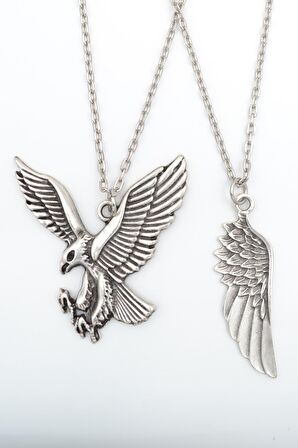 2'li Uçan Kartal - Kartal Melek Kanat Erkek Kadın Kolye Seti 925 Ayar Gümüş Kaplama
