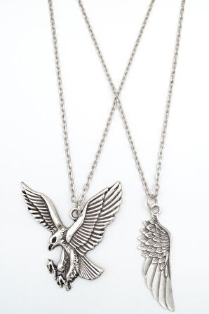 2'li Uçan Kartal - Kartal Melek Kanat Erkek Kadın Kolye Seti 925 Ayar Gümüş Kaplama