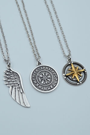 3'lü Büyük Kanat Viking Pusula Tılsım Gümüş Kaplama Kolye Seti