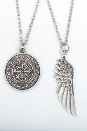 2'li Viking Pusula - Kartal Melek Kanat Gümüş Kaplama Kolye Seti