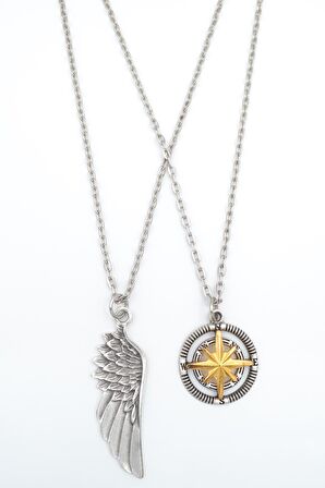 2'li Pusula Kutup Yıldızlı - Kartal Melek Kanat Erkek Kadın Kolye Seti 925 Ayar Gümüş Kaplama