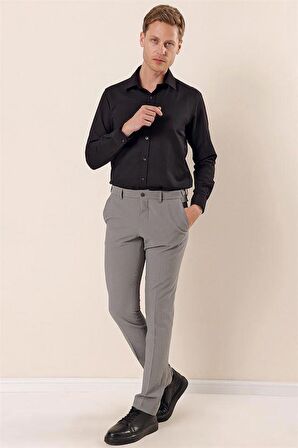 Desenli Armürlü Likralı Yan Cep Slim Fit Dar Kesim Klasik Pantolon 1003230170 Füme