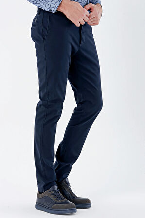 Lacivert Armürlü %100 Pamuk Yan Cepli Slim Fit Dar Kesim Casual Pantolon 1003235117