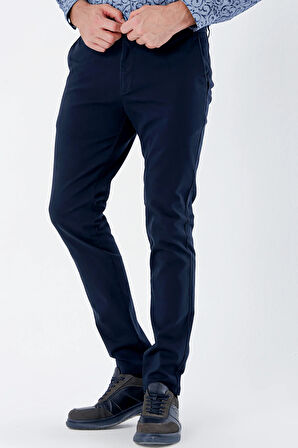 Lacivert Armürlü %100 Pamuk Yan Cepli Slim Fit Dar Kesim Casual Pantolon 1003235117