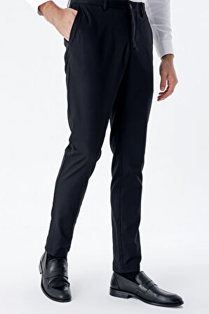 Siyah Armürlü Pamuklu Likralı Yan Cepli Slim Fit Dar Kesim Casual Pantolon 1003235118
