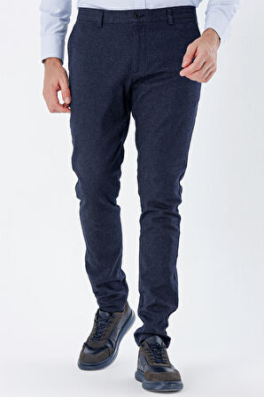 Koyu Lacivert Desenli Armürlü Yan Cepli Slim Fit Dar Kesim Casual Pantolon 1003235119
