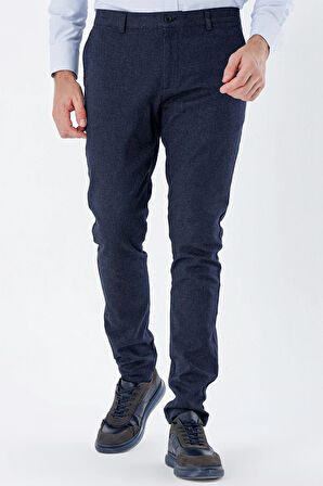 Koyu Lacivert Desenli Armürlü Yan Cepli Slim Fit Dar Kesim Casual Pantolon 1003235119