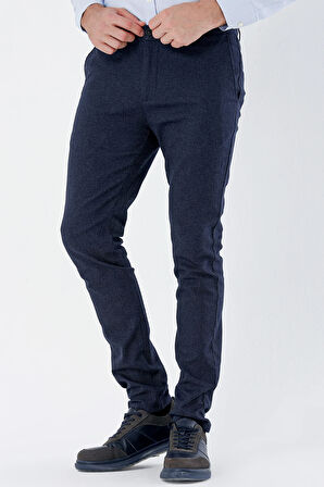 Koyu Lacivert Desenli Armürlü Yan Cepli Slim Fit Dar Kesim Casual Pantolon 1003235119