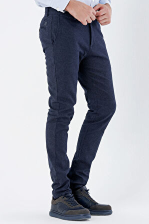Koyu Lacivert Desenli Armürlü Yan Cepli Slim Fit Dar Kesim Casual Pantolon 1003235119