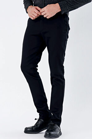 Siyah Desenli Armürlü Pamuklu Yan Cepli Slim Fit Dar Kesim Casual Pantolon 1003235120