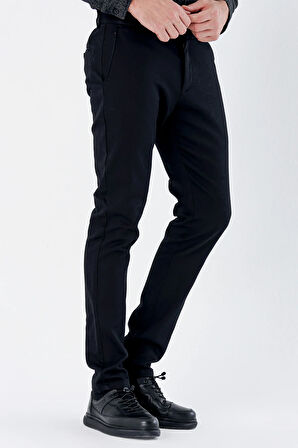 Siyah Desenli Armürlü Pamuklu Yan Cepli Slim Fit Dar Kesim Casual Pantolon 1003235120