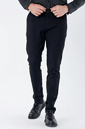 Siyah Desenli Armürlü Pamuklu Yan Cepli Slim Fit Dar Kesim Casual Pantolon 1003235120