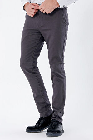 Koyu Antrasit Desenli Armürlü Pamuklu Yan Cepli Slim Fit Dar Kesim Casual Pantolon 1003235120