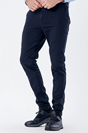 Koyu Lacivert Desenli Armürlü Pamuklu Yan Cepli Slim Fit Dar Kesim Casual Pantolon 1003235120