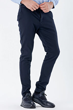Koyu Lacivert Desenli Armürlü Pamuklu Yan Cepli Slim Fit Dar Kesim Casual Pantolon 1003235120