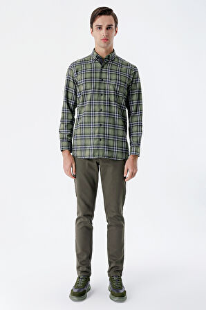 Koyu Haki Desenli Armürlü Pamuklu Yan Cepli Slim Fit Dar Kesim Casual Pantolon 1003235120